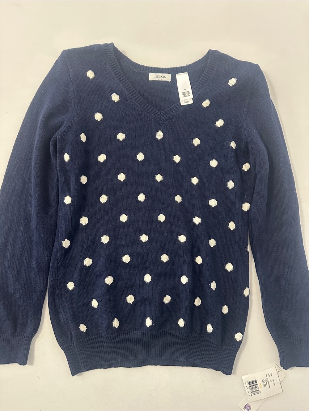 liz & co. Navy and White Polka Dot V-Neck Sweater